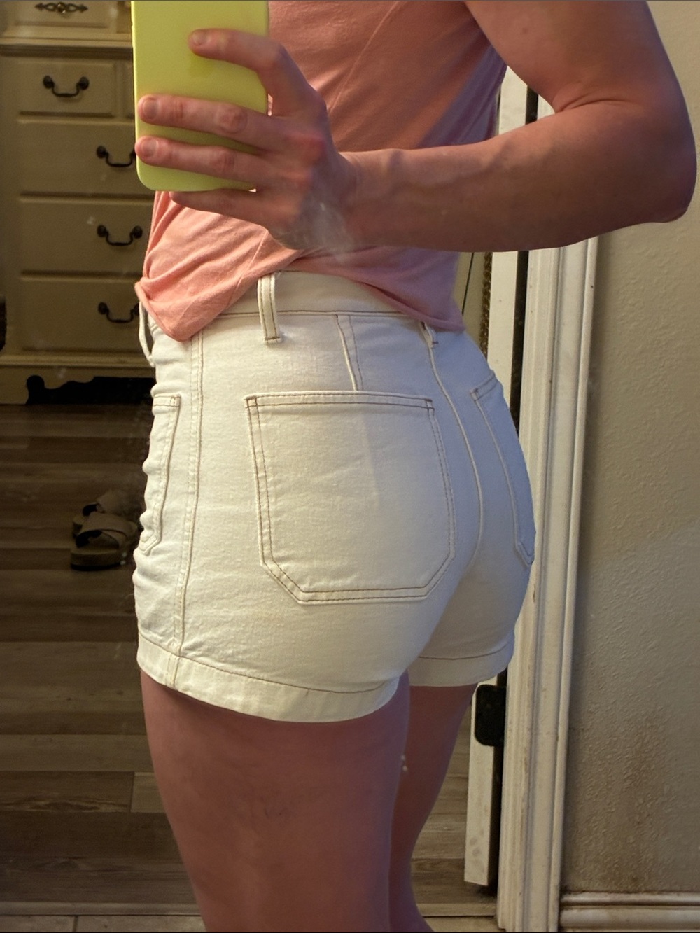 Alyssa high rise stretch organic denim Jean short, white + tan stitching, 25 - Picture 3 of 9